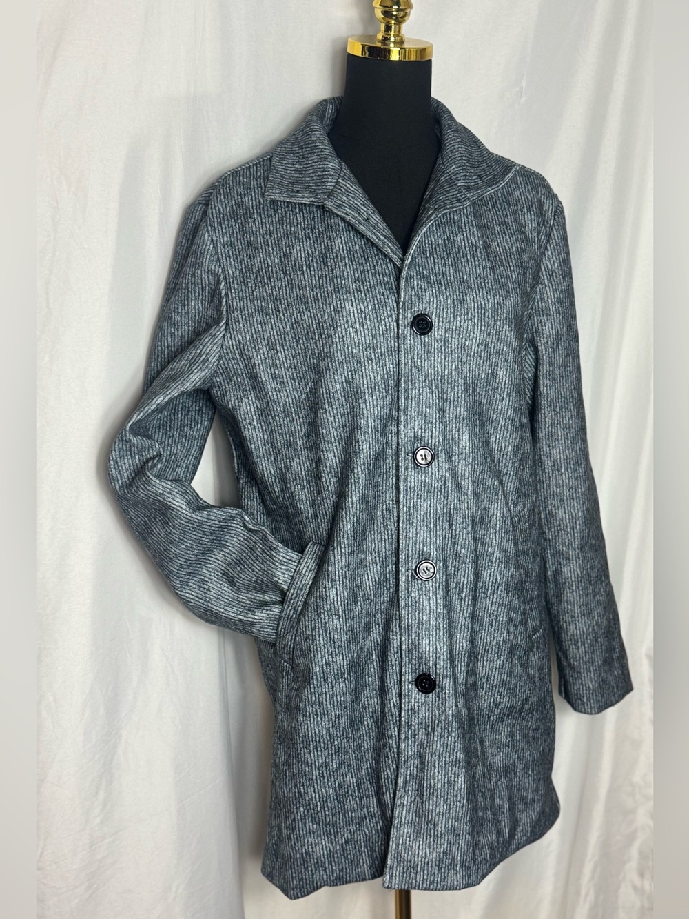 Fashion women’s peacoat business casual  Grey Ribbed Button-Front Coat Medium